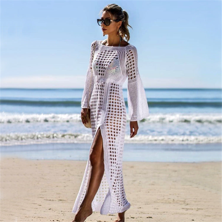 Knitted Crochet Sexy Hollow Beach Skirt Vacation Long Skirt Bikini Outer Cover-up Sunscreen Shirt