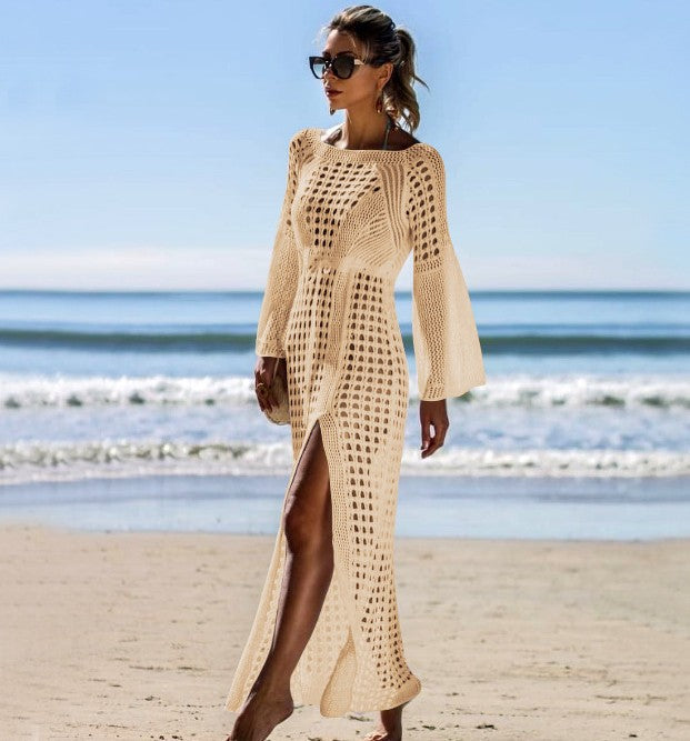 Knitted Crochet Sexy Hollow Beach Skirt Vacation Long Skirt Bikini Outer Cover-up Sunscreen Shirt