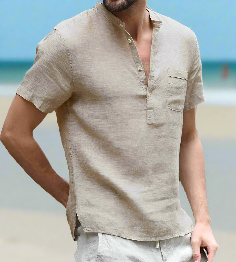 Cotton-linen short-sleeve shirt available in white, black, light blue, grey, beige, dark green, and dark blue—featuring a mandarin collar, half placket, and breathable fabric for stylish everyday wear.