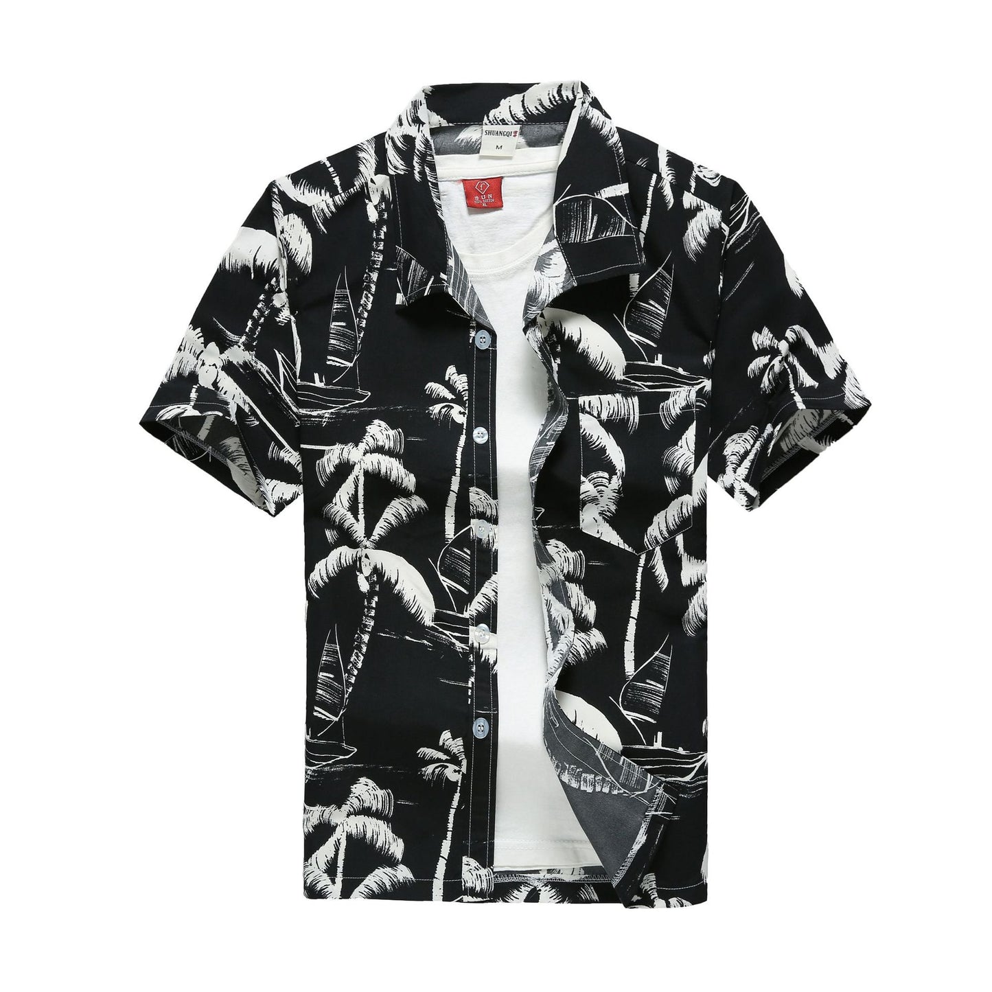 Tropical button-up shirt featuring a black base with green palm leaves, red hibiscus flowers, and airplane motifs, displayed flat to showcase summer-ready, relaxed styling.