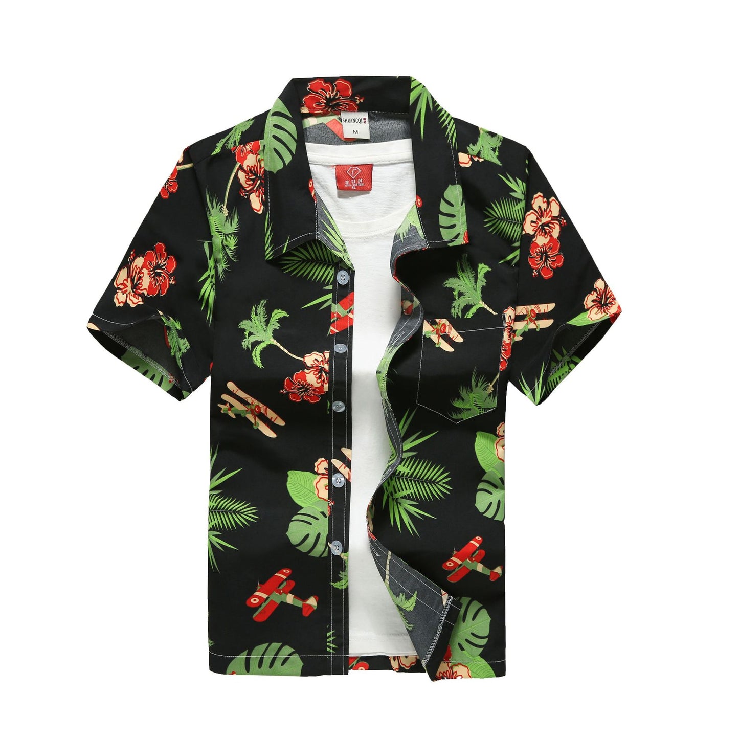 Tropical button-up shirt featuring a black base with green palm leaves, red hibiscus flowers, and airplane motifs, displayed flat to showcase summer-ready, relaxed styling.