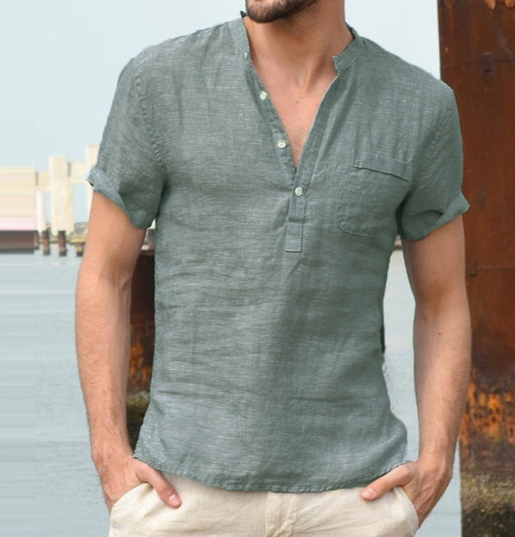 Cotton-linen short-sleeve shirt available in white, black, light blue, grey, beige, dark green, and dark blue—featuring a mandarin collar, half placket, and breathable fabric for stylish everyday wear.