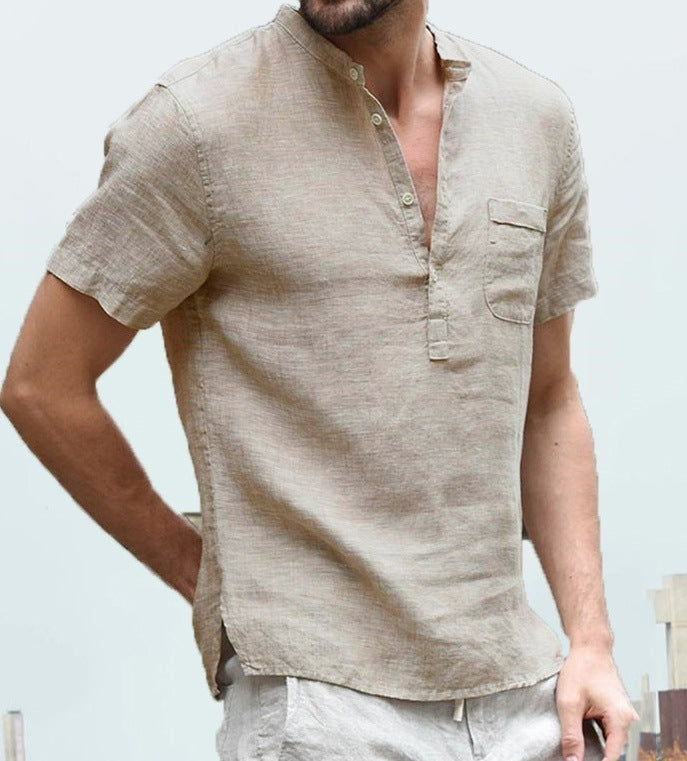 Cotton-linen short-sleeve shirt available in white, black, light blue, grey, beige, dark green, and dark blue—featuring a mandarin collar, half placket, and breathable fabric for stylish everyday wear.