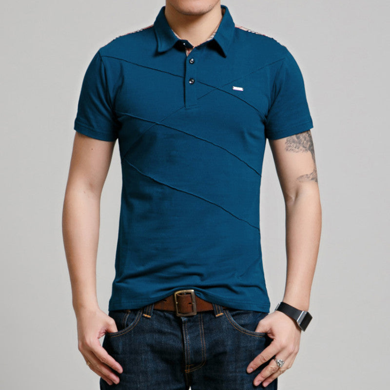 Cross-border Fertilizer Increase Fashion Casual Men's Casual T-shirt Plaid Stitching Lapel Short-sleeved T-shirt Men's Summer Thin