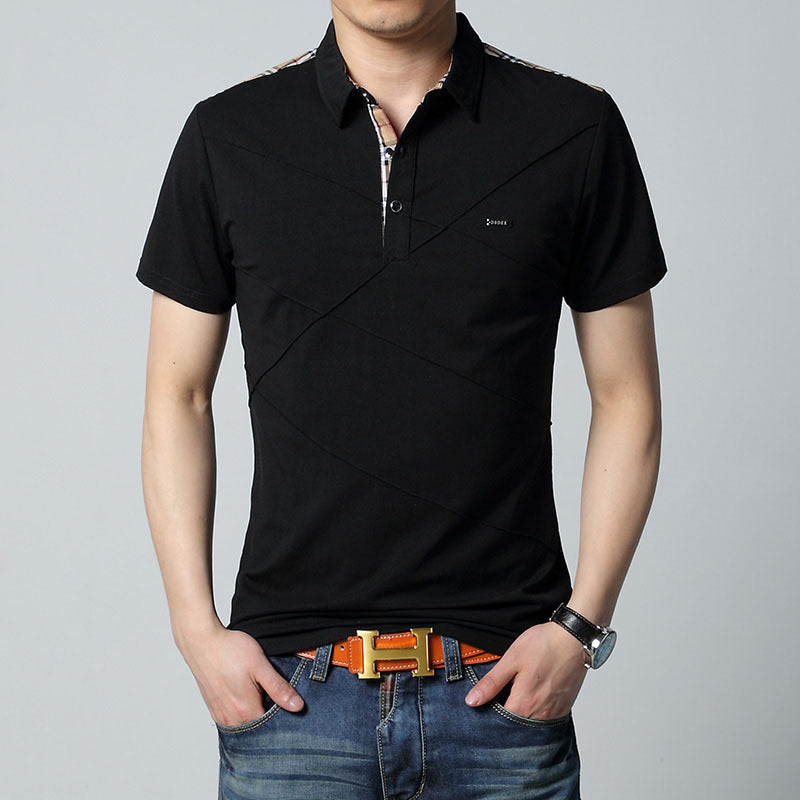 Cross-border Fertilizer Increase Fashion Casual Men's Casual T-shirt Plaid Stitching Lapel Short-sleeved T-shirt Men's Summer Thin