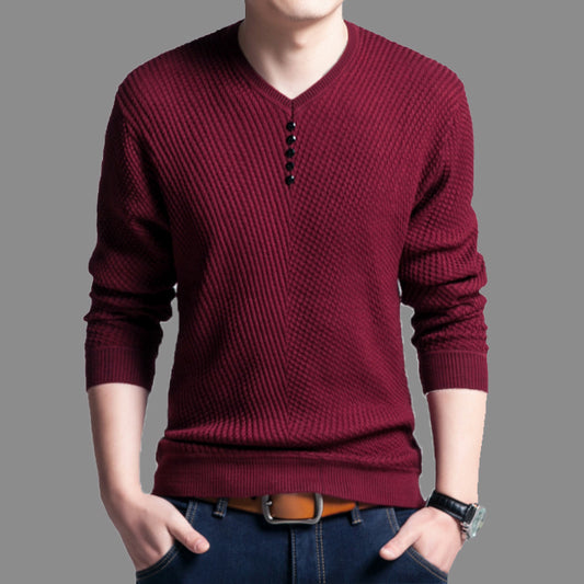 Casual Youth Velvet Thickeneded Pure Color Knitwear V Neck Knitwear T-Shirt Pullover Bottoming Shirt Export Large Size Men's Clothing