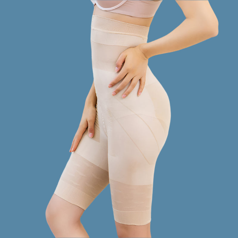 High-waist beige body shaper with sculpting technology, designed to lift and enhance the buttocks while providing firm control and a seamless fit—perfect for confidence-boosting wear.