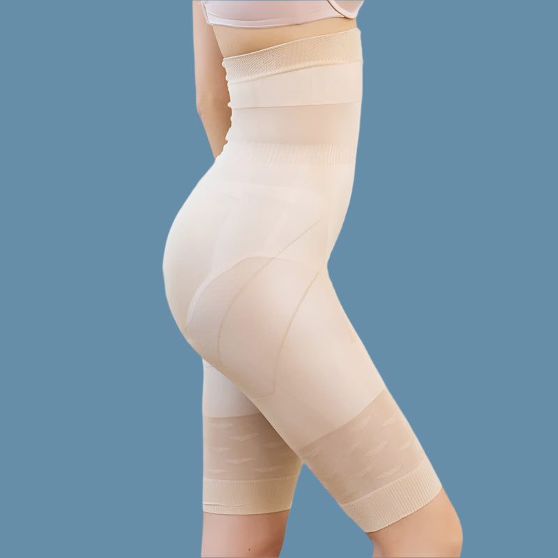 High-waist beige body shaper with sculpting technology, designed to lift and enhance the buttocks while providing firm control and a seamless fit—perfect for confidence-boosting wear.