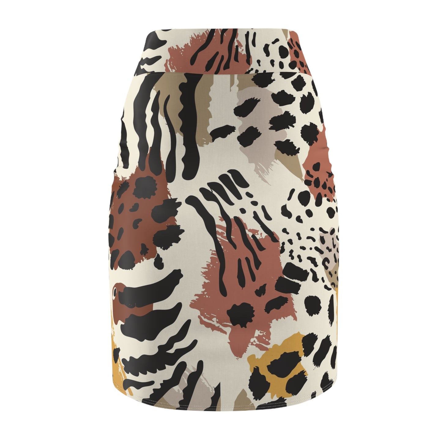 Animal-print pencil skirt with a mix of black, white, brown, beige, and mustard yellow brush stroke designs—form-fitting, stylish, and perfect for casual or elegant looks.