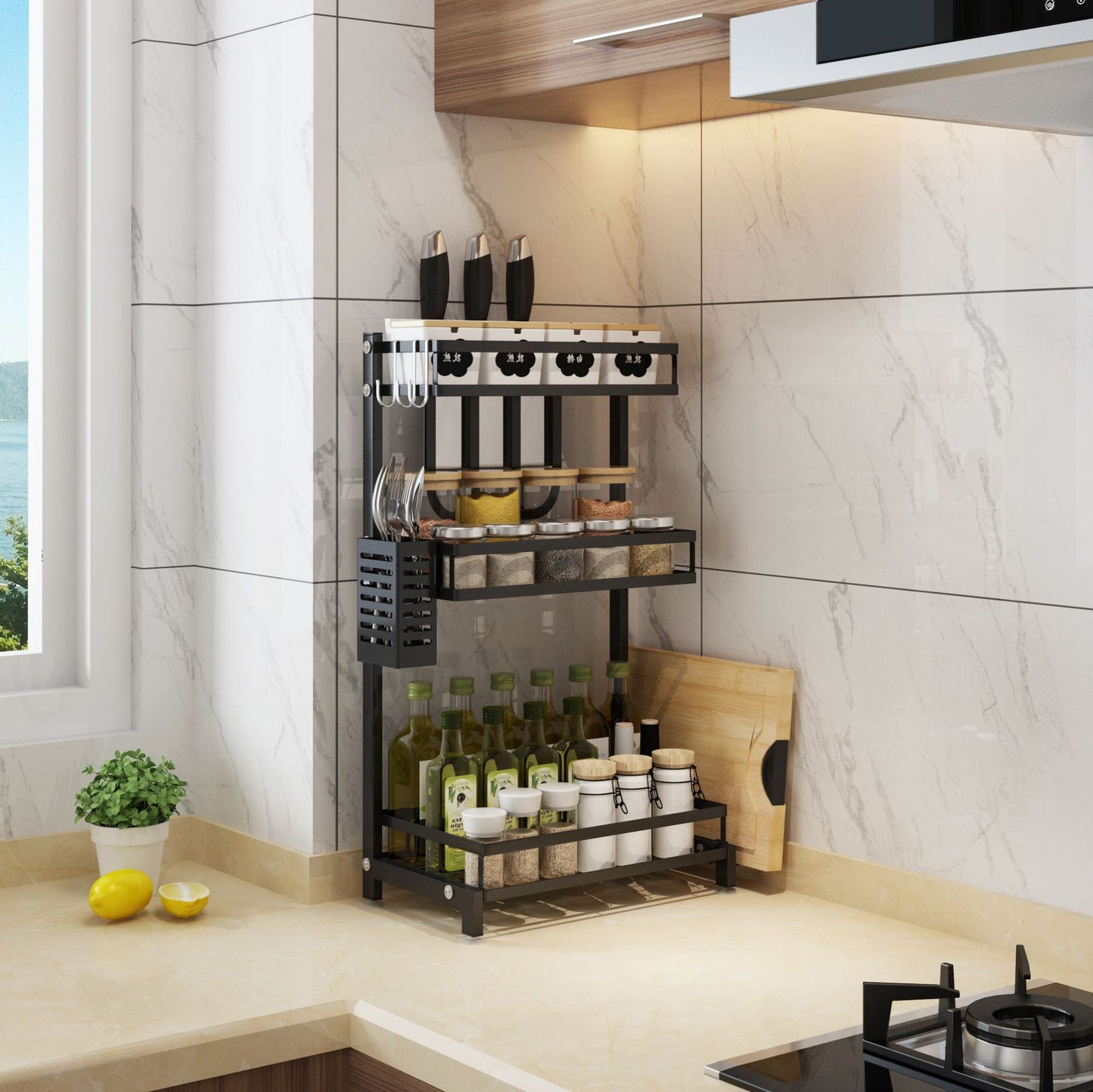 2-Tier & 3-Tier Kitchen Spice Rack Organizer – Black Metal Countertop Storage Shelf