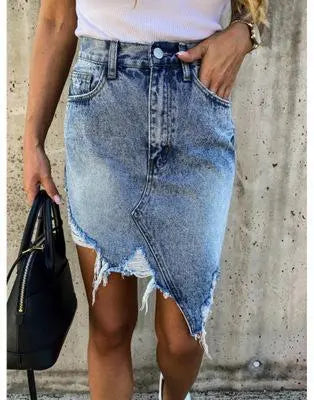 Casual Irregular Bag Hip Skirt Tassel Ripped Denim Skirt