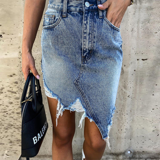 Casual Irregular Bag Hip Skirt Tassel Ripped Denim Skirt