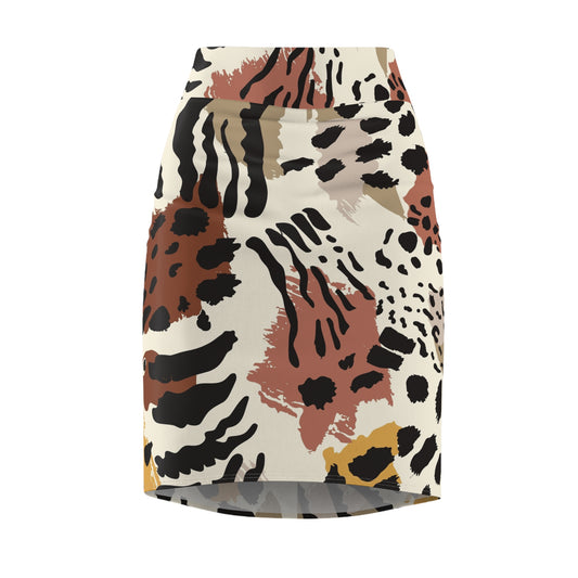 Animal-print pencil skirt with a mix of black, white, brown, beige, and mustard yellow brush stroke designs—form-fitting, stylish, and perfect for casual or elegant looks.
