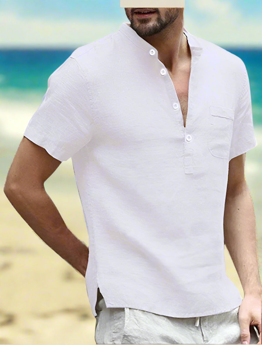 Cotton-linen short-sleeve shirt available in white, black, light blue, grey, beige, dark green, and dark blue—featuring a mandarin collar, half placket, and breathable fabric for stylish everyday wear.