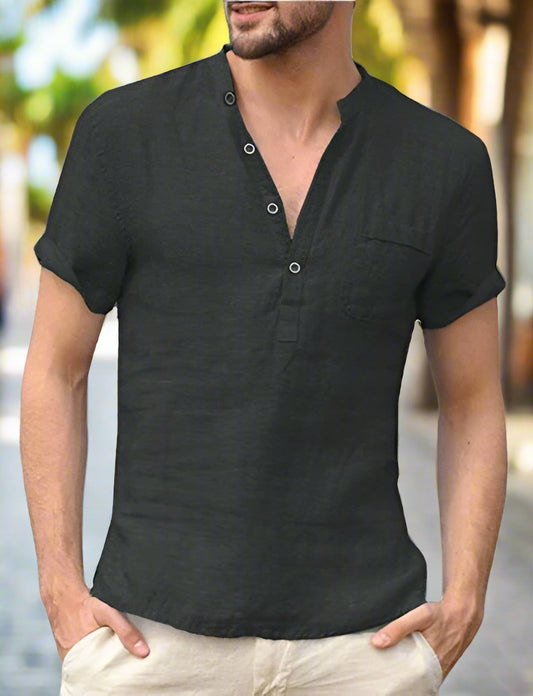Cotton-linen short-sleeve shirt available in white, black, light blue, grey, beige, dark green, and dark blue—featuring a mandarin collar, half placket, and breathable fabric for stylish everyday wear.