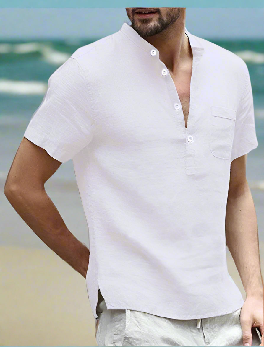 Cotton-linen short-sleeve shirt available in white, black, light blue, grey, beige, dark green, and dark blue—featuring a mandarin collar, half placket, and breathable fabric for stylish everyday wear.