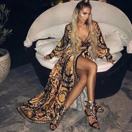 European And American Bohemian V-neck Retro Positioning Flower Long-sleeved Dress