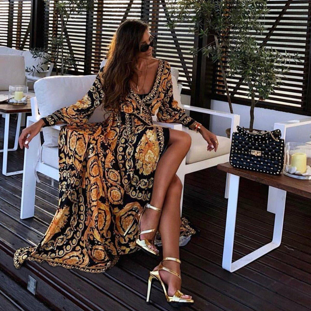 European And American Bohemian V-neck Retro Positioning Flower Long-sleeved Dress