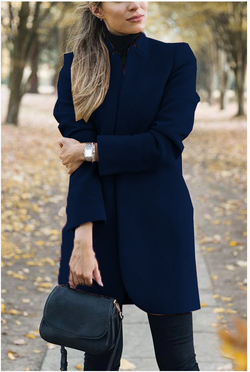 Fashion Solid Color Stand-up Collar Woolen Coat