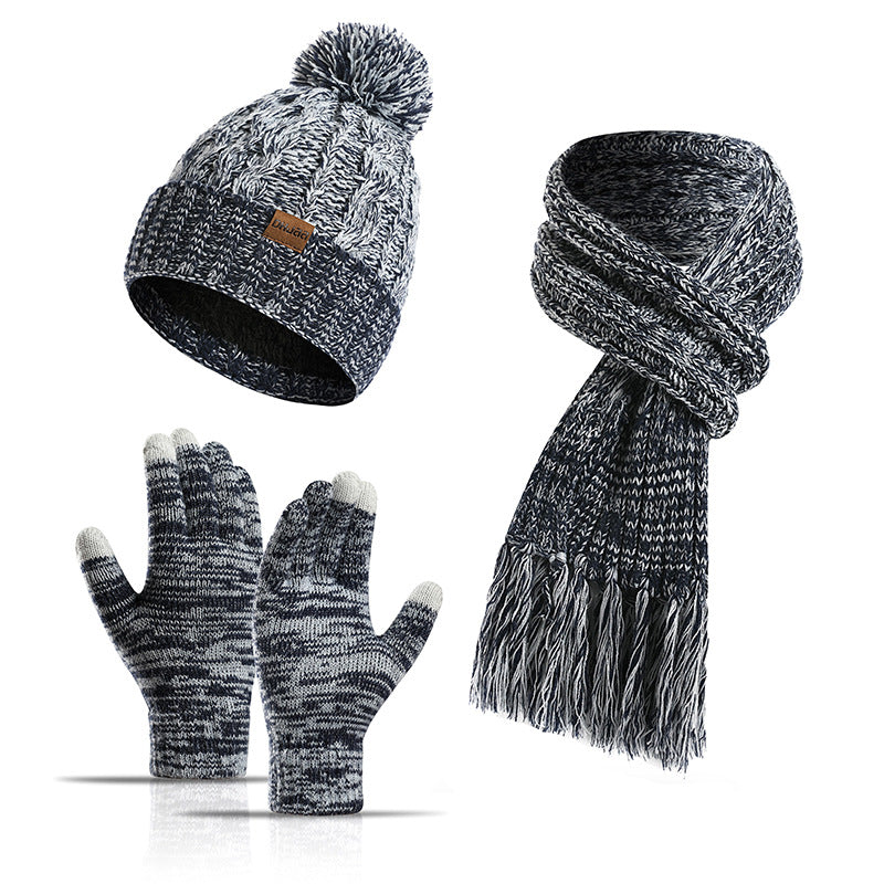 New Knitted Wool Color Hat Thickened Scarf Touch Screen Gloves Three-piece Set