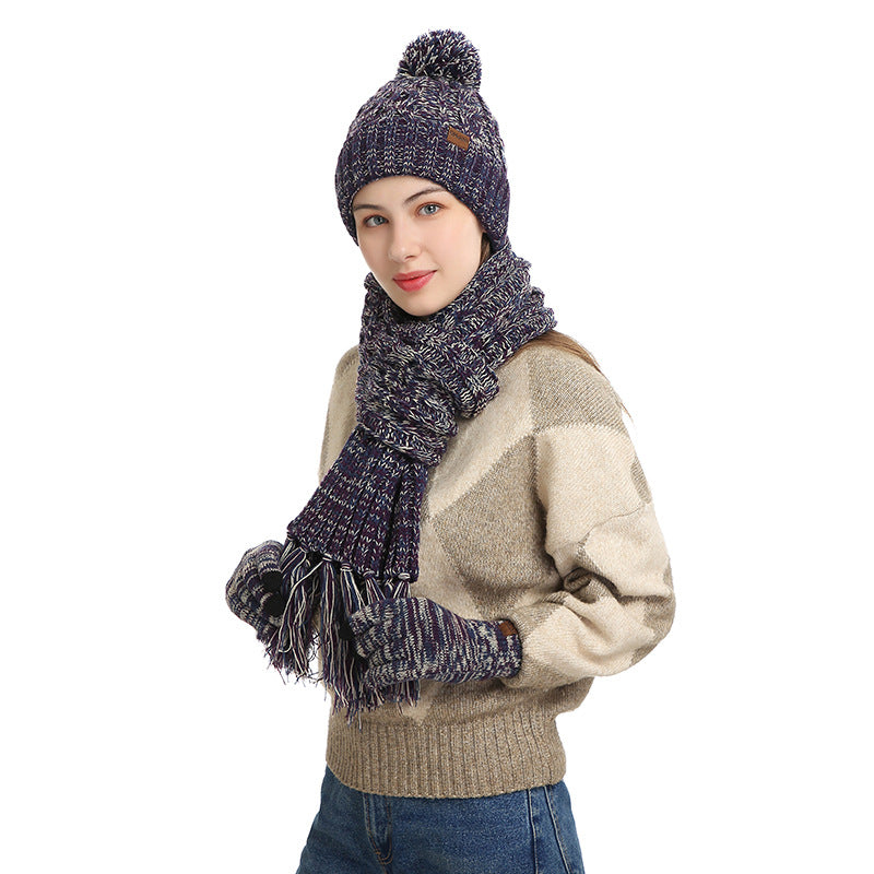 New Knitted Wool Color Hat Thickened Scarf Touch Screen Gloves Three-piece Set