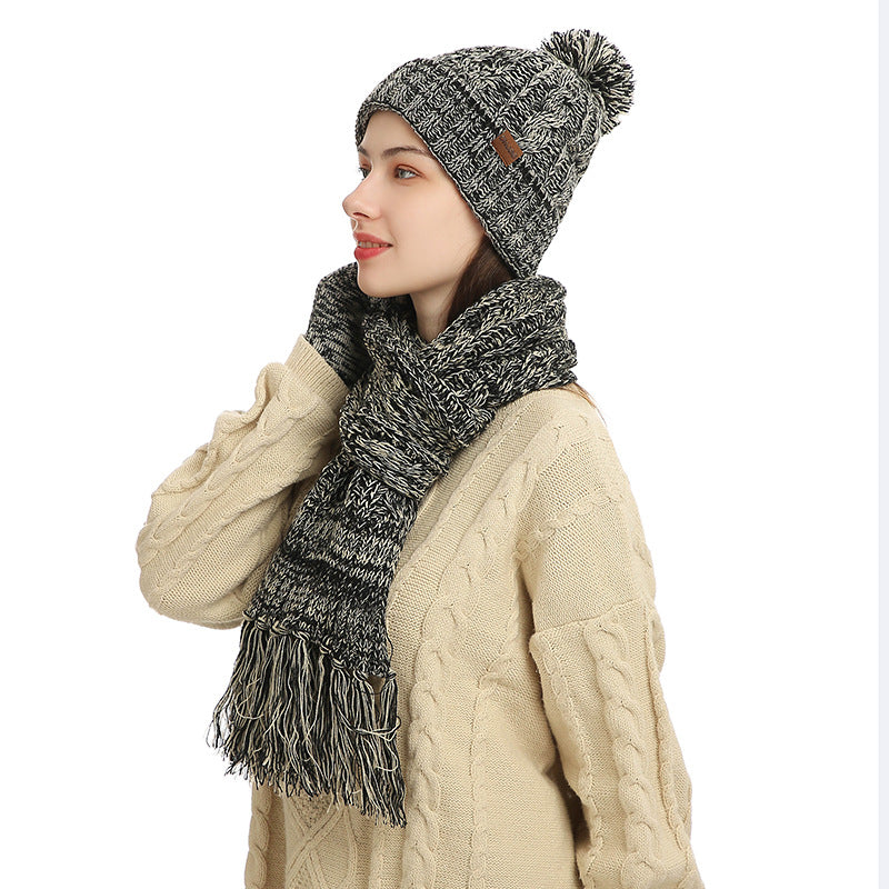 New Knitted Wool Color Hat Thickened Scarf Touch Screen Gloves Three-piece Set