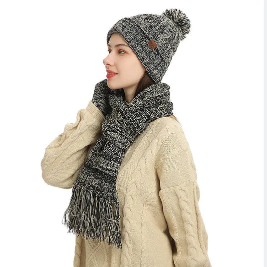 New Knitted Wool Color Hat Thickened Scarf Touch Screen Gloves Three-piece Set
