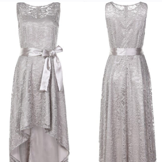 Elegant Lace High-Low Evening Dress with Satin Bow - Formal Party & Bridesmaid Gown