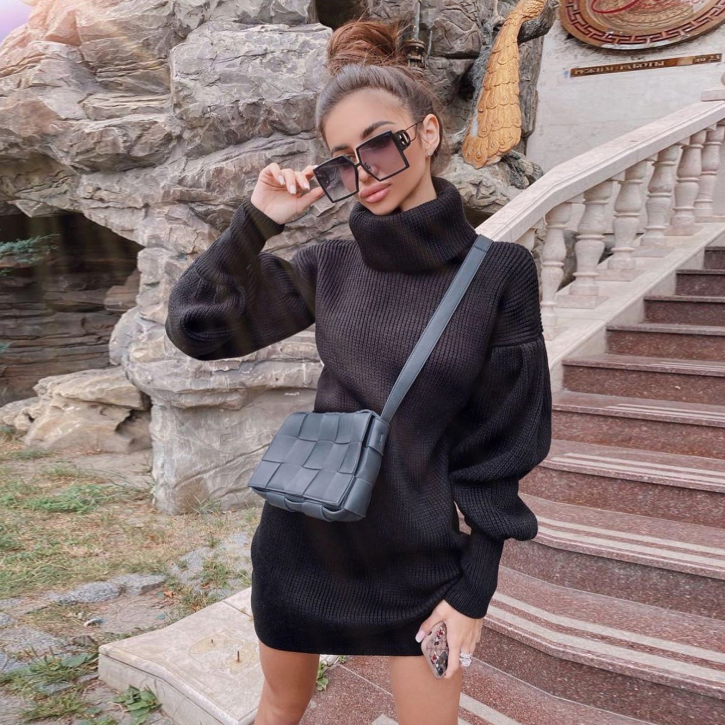 Casual High-necked Lantern Sleeves Knitted Sweater Women's Skirt