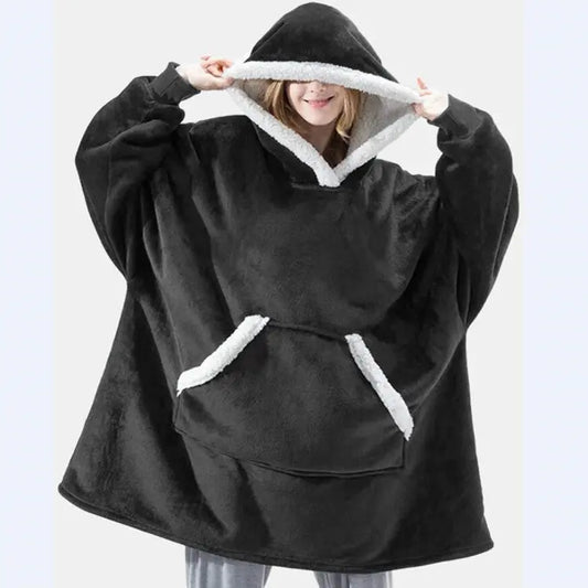 Women's Flannel Wearable Blanket Hoodie Thickened Warm Patch Home Oversized Sweatshirt