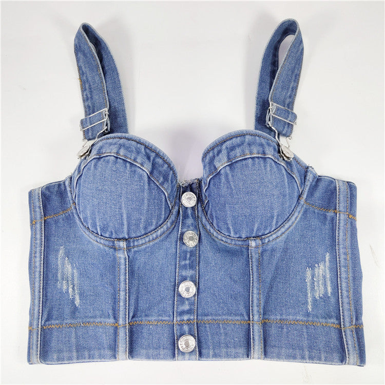 Hot-selling All-match Strap Button Slim-fit Denim Tube Top Strap