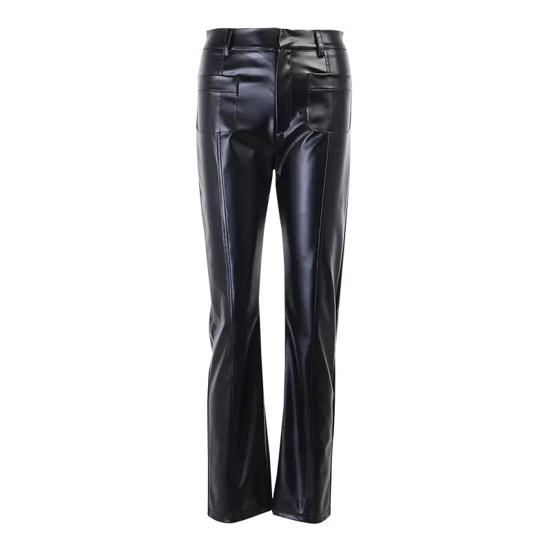 Fashion Design Double Pocket Sexy Straight Slim Pocket PU Long Leather Pants