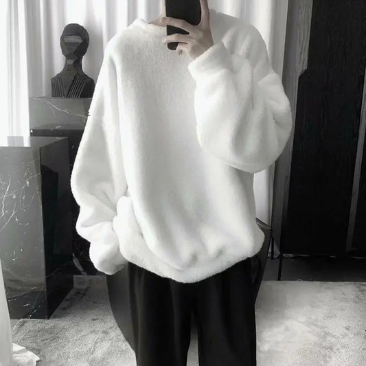 Winter Hong Kong Style Lamb Wool Sweater Men's Autumn Round Neck Loose Fleece-lined Thick Casual All-match Coat Trendy Couple's Top