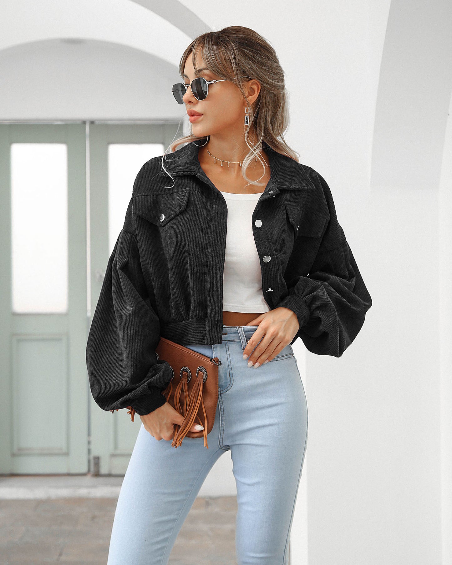 Amazon 2023 European And American Autumn And Winter Casual Lapel Corduroy Jacket Lantern Sleeve Single Breasted Short Jacket Women's Clothing