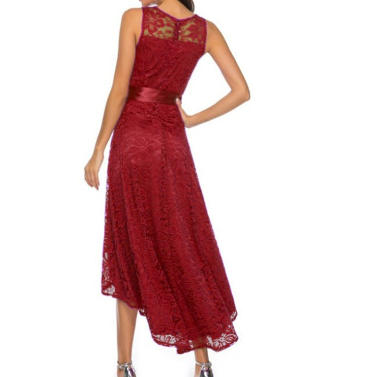 Elegant Lace High-Low Evening Dress with Satin Bow - Formal Party & Bridesmaid Gown