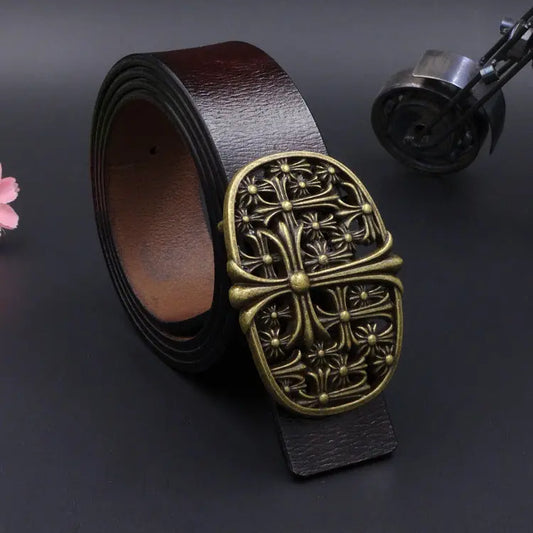 New Antique Two-layer Belt Cross Flower Retro Personalized Barber's Favorite Belt 8137-antique