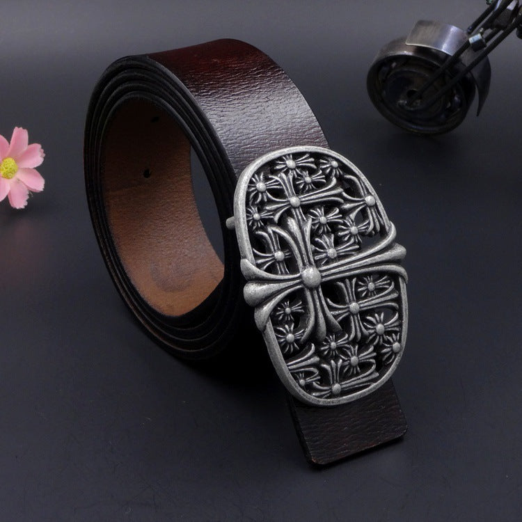 New Antique Two-layer Belt Cross Flower Retro Personalized Barber's Favorite Belt 8137-antique