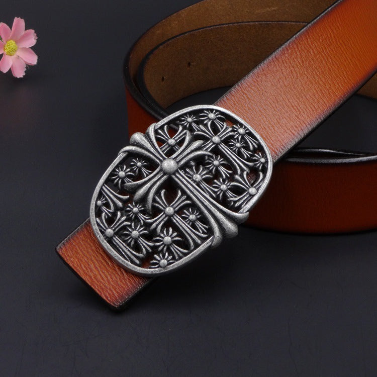 New Antique Two-layer Belt Cross Flower Retro Personalized Barber's Favorite Belt 8137-antique