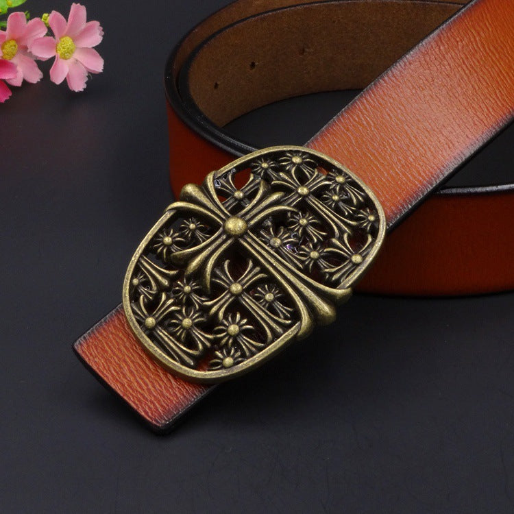 New Antique Two-layer Belt Cross Flower Retro Personalized Barber's Favorite Belt 8137-antique