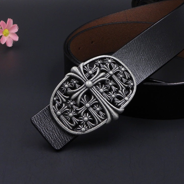 New Antique Two-layer Belt Cross Flower Retro Personalized Barber's Favorite Belt 8137-antique
