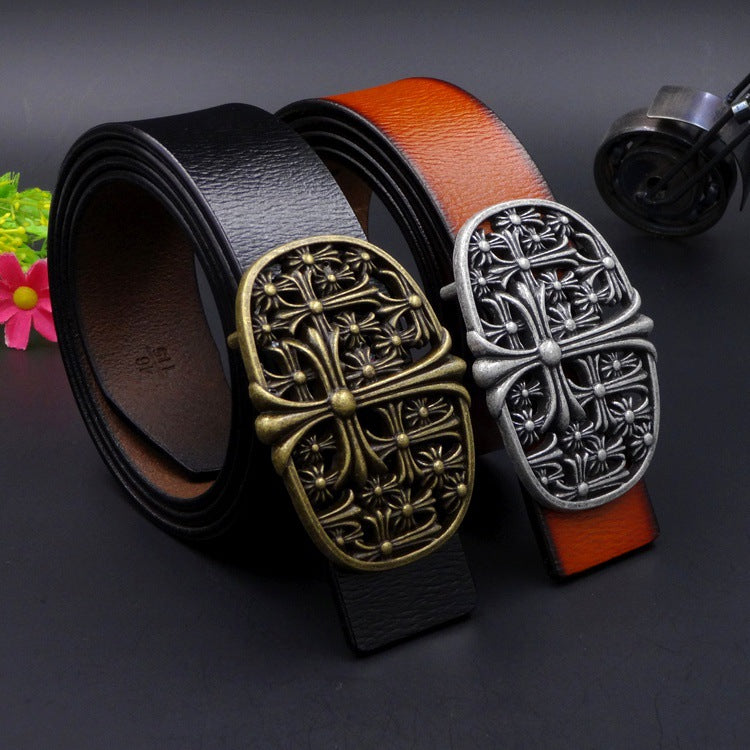 New Antique Two-layer Belt Cross Flower Retro Personalized Barber's Favorite Belt 8137-antique