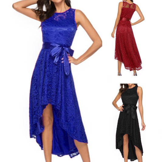 Elegant Lace High-Low Evening Dress with Satin Bow - Formal Party & Bridesmaid Gown