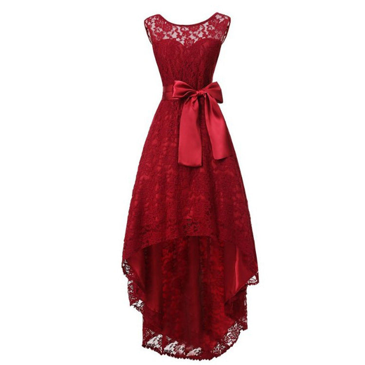 Elegant Lace High-Low Evening Dress with Satin Bow - Formal Party & Bridesmaid Gown