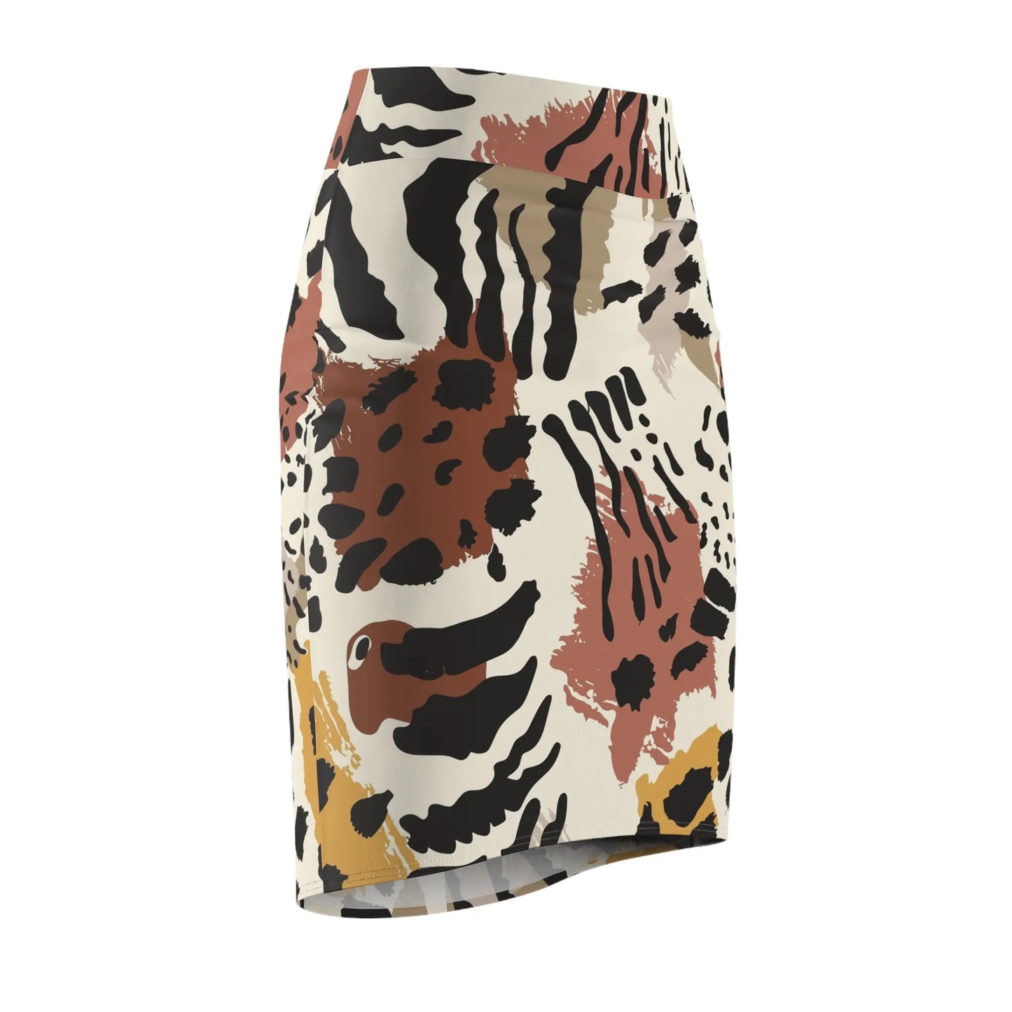 Animal-print pencil skirt with a mix of black, white, brown, beige, and mustard yellow brush stroke designs—form-fitting, stylish, and perfect for casual or elegant looks.