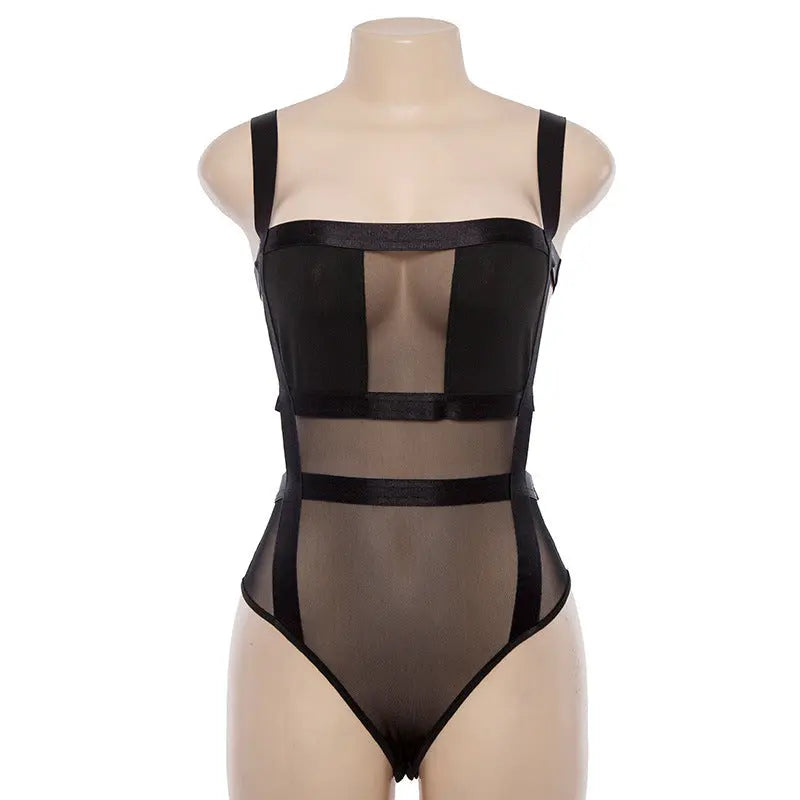European And American Style 2021 New Summer Women's One-piece Neckline Suspender Mesh Splicing Backless Sexy Slim Fit Jumpsuit