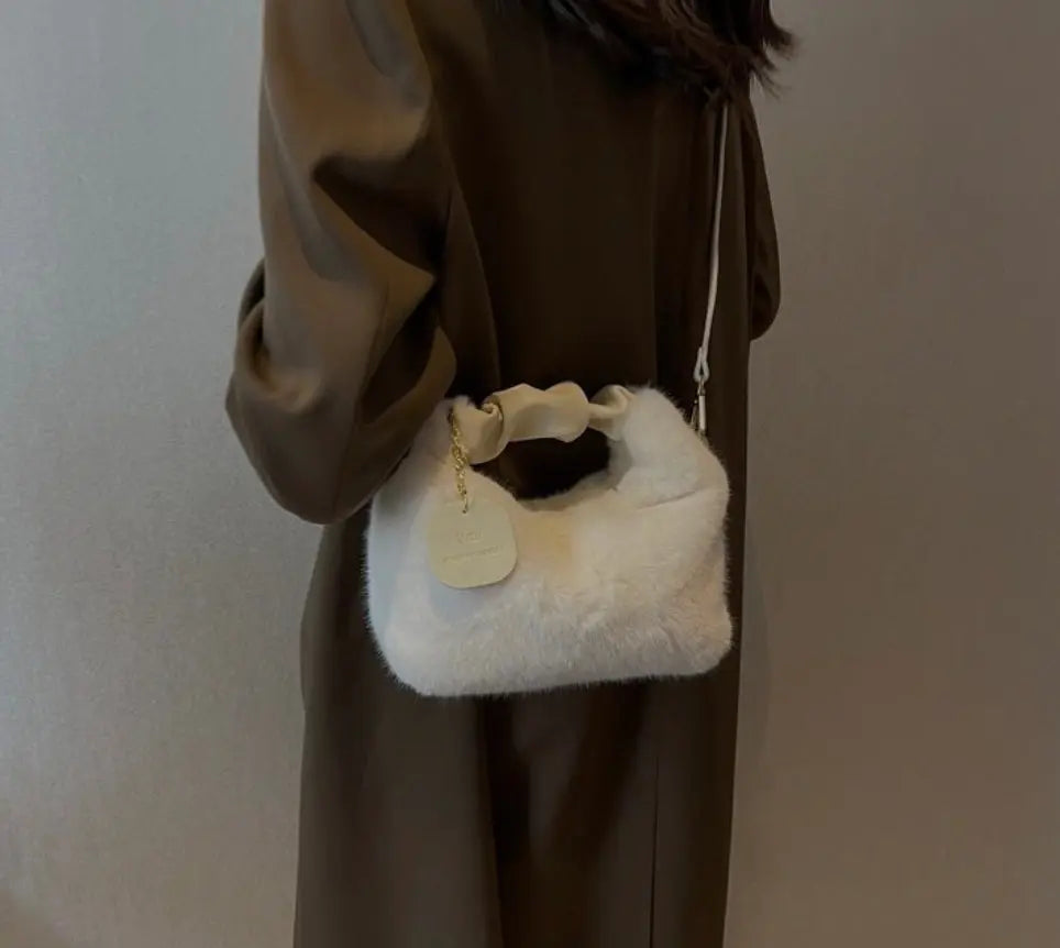 Women's Fluffy Mini Shoulder Bag with Ruched Handle