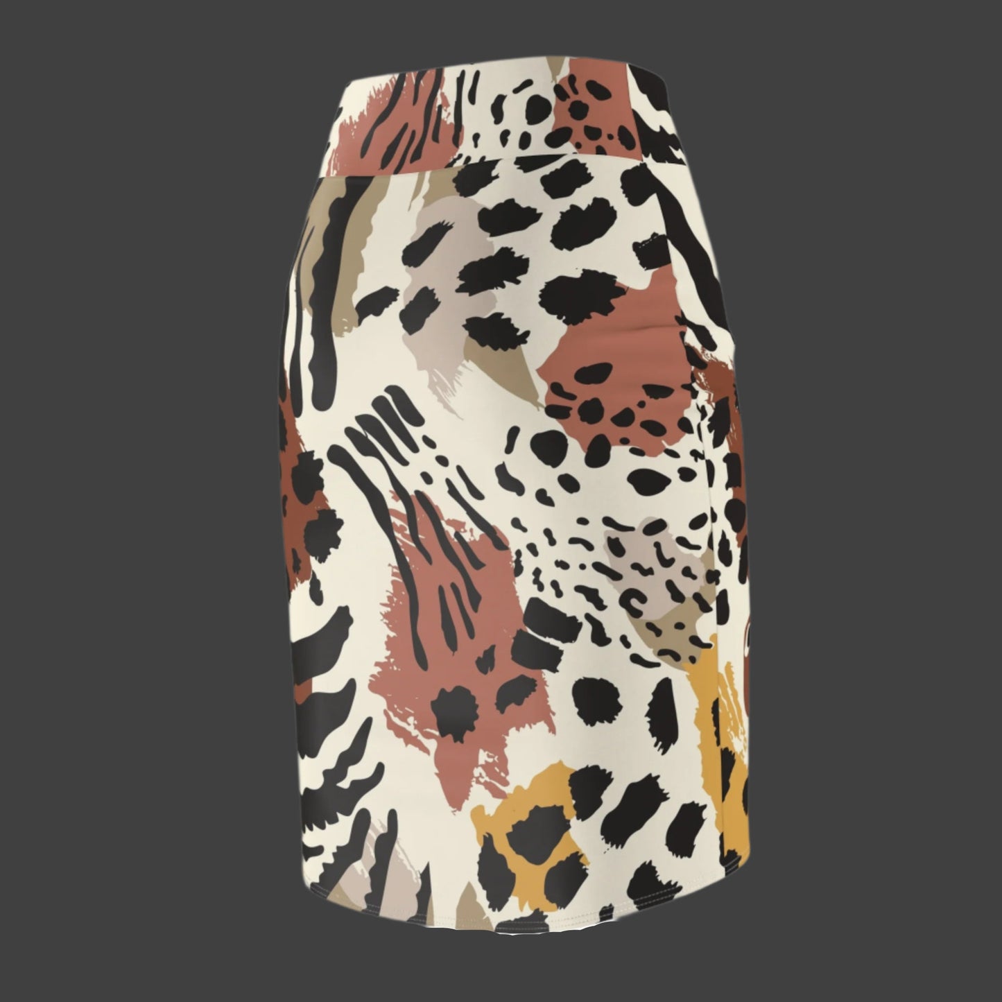 Animal-print pencil skirt with a mix of black, white, brown, beige, and mustard yellow brush stroke designs—form-fitting, stylish, and perfect for casual or elegant looks.