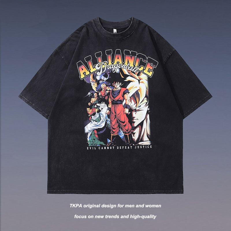 Black graphic t-shirt featuring Dragon Ball Z-inspired characters in battle stance, bold ‘ALLIANCE’ lettering above, and tagline ‘EVIL CANNOT DEFEAT JUSTICE’ below—perfect for anime fans and streetwear lovers.