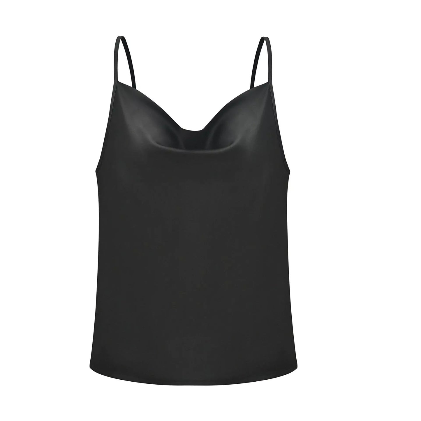 Black satin camisole top, styled with a light blue denim skirt, holding a branch with green leaves—modern, elegant, and perfect for casual or dressy looks.
