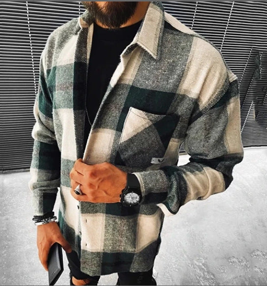 New Men's Shirt Plaid Pocket Long Sleeve Shirt